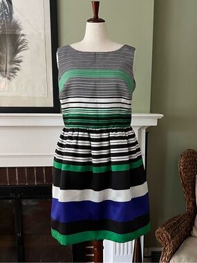 Eloquii Striped Fit & Flare Dress | Emerald, Cobalt & Black | Pockets |